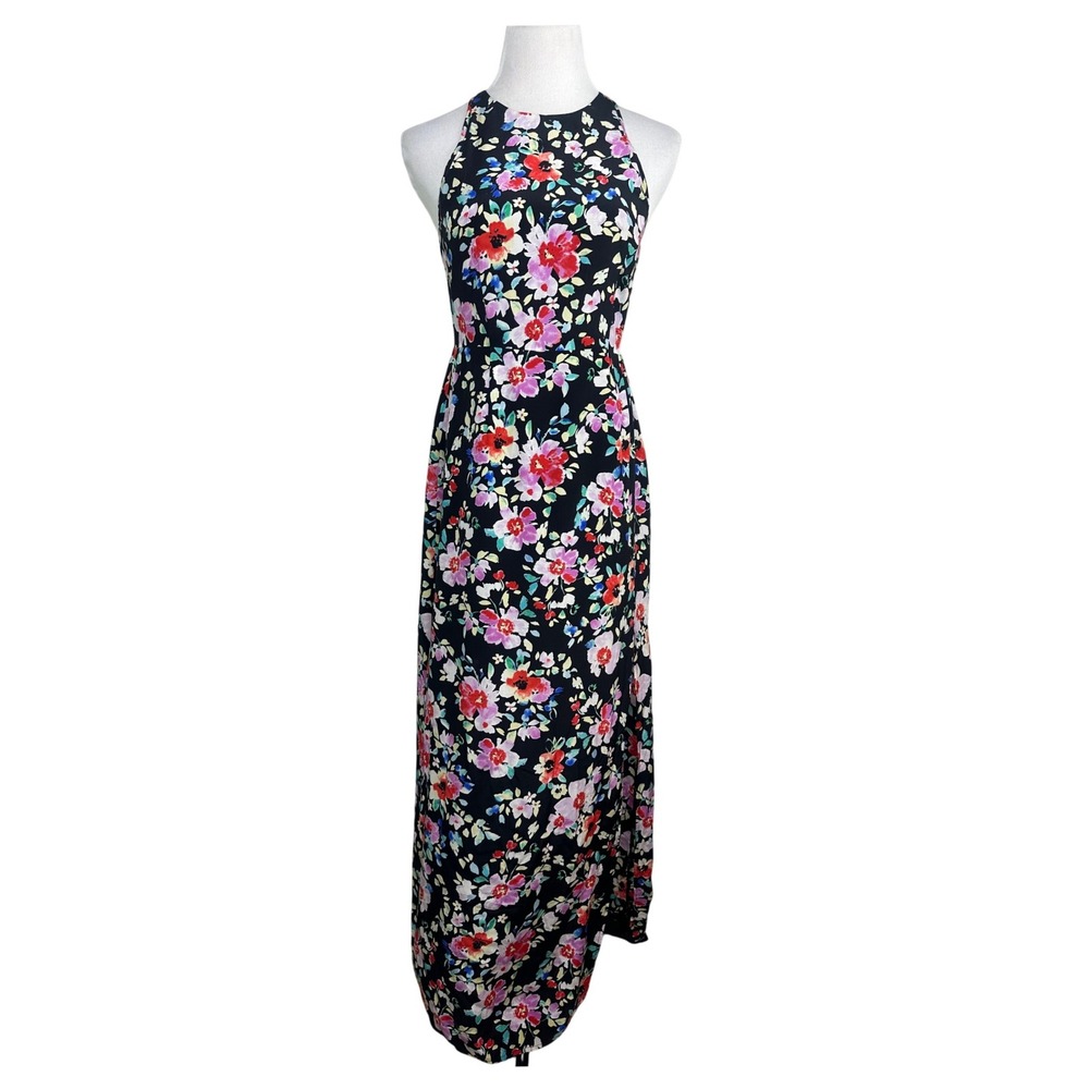 Yumi Kim Silk Floral Maxi Dress Black Multi Halter Racerback DR-1156M Size S